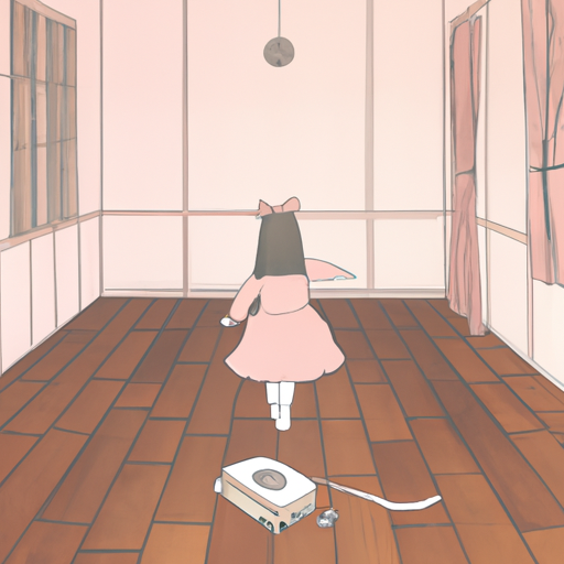 eleonora: an empty room with a tape recorder, a little girl spinning in a  pink dress, white walls, a smooth brown floor