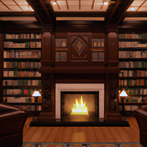 nathanprice A library at night with a fireplace, high detail, 4K