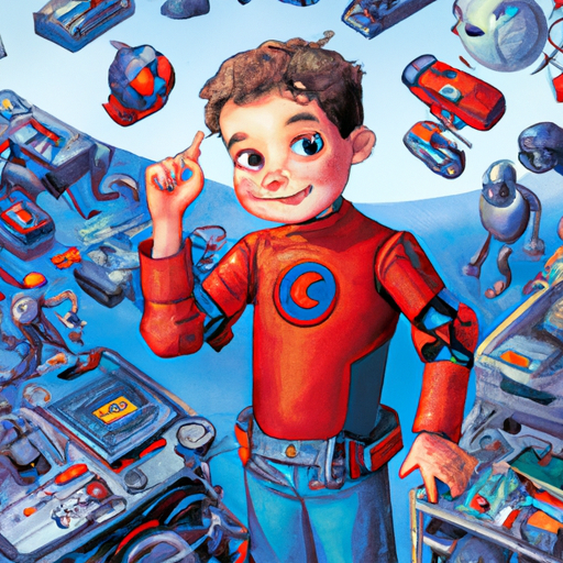 Award winning childrens illustration of a young boy with a mischievous smile wearing a red superhero cape and a blue shirt surrounded by a myriad of AI-controlled robots, gadgets, and contraptions, all of which are working together to complete a variety of tasks., Illustrated by Hesterday