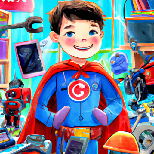 Award winning childrens illustration of a young boy with a mischievous smile wearing a red superhero cape and a blue shirt surrounded by a myriad of AI-controlled robots, gadgets, and contraptions, all of which are working together to complete a variety of tasks., Illustrated by Hesterday