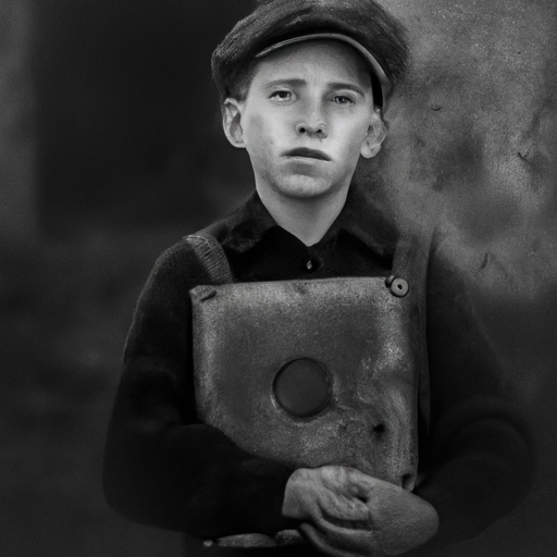 Photo, a young boy in world war 2, holding a laptop, Lee Jeffries, Black and white