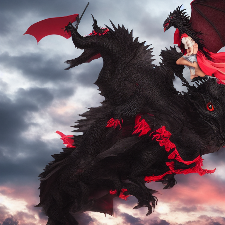 a small girl riding a black dragon with red eyes



 