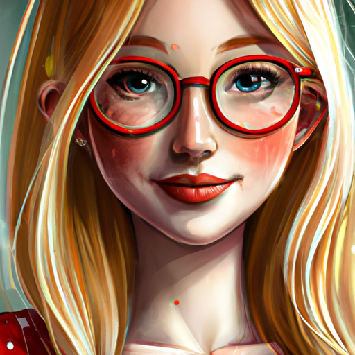 osamaradi: A beautiful blonde Sad girl with glasses and a short red dress  With freckles on the face and green eyes