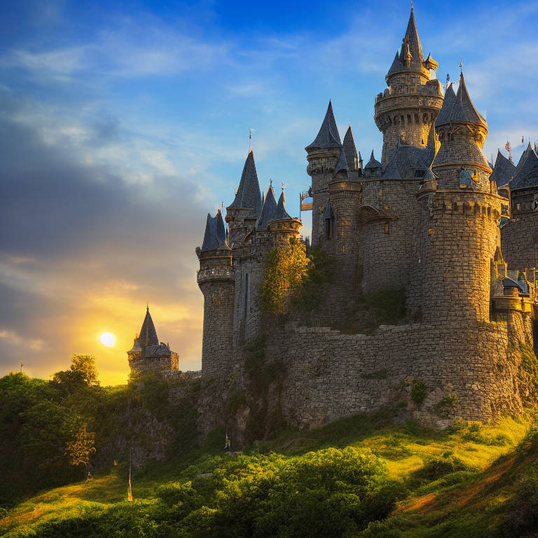 lamename: extremely detailed fantasy castle on a hill with sunset background