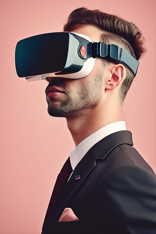 sethmillstein: portrait of a 1950s CEO wearing a cyberpunk VR headset