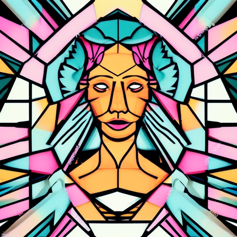 Soft pastels, Women’s face , tattoo design , Centered in frame, 2D illustration, Colorblocked, Flat, 2D, Iconized, Geometric shapes, Thin black line art, 80s Escher, Clean, Modern, White border, Square outline, Straight lines, Asymmetric, Irregular, Intersecting, Vector elements, Flat design, Cross-section, Geometric