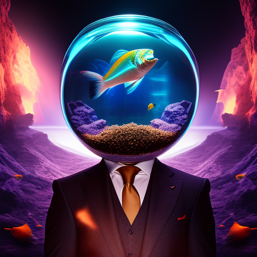 voogla: a man in a suit with no head, ((a fish bowl)) on shoulders