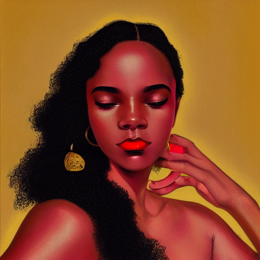 delledison: beautiful young black women with shoulder length curly black  hair, half body shot, "kate upon" sized breast, full red lips, green  lingerie, large gold hoop earrings, path traced, 8k resolution octane