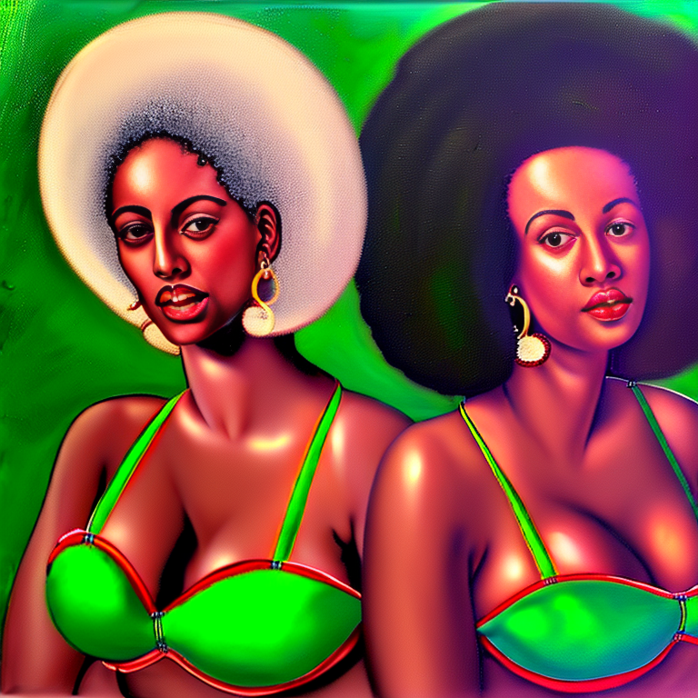 delledison: 2 beautiful young black women with afro hair, half body shot,  large breasts, full red lips, green lingerie, large gold hoop earrings,  path traced, 8k resolution octane renderer, Kerry james marshall