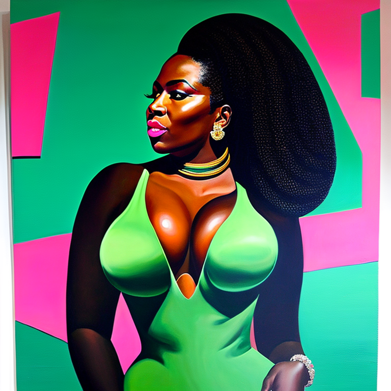 delledison: beautiful black woman, nicey nash, large breasts, full lips,  emerald green and pink colors, kerry james marshall