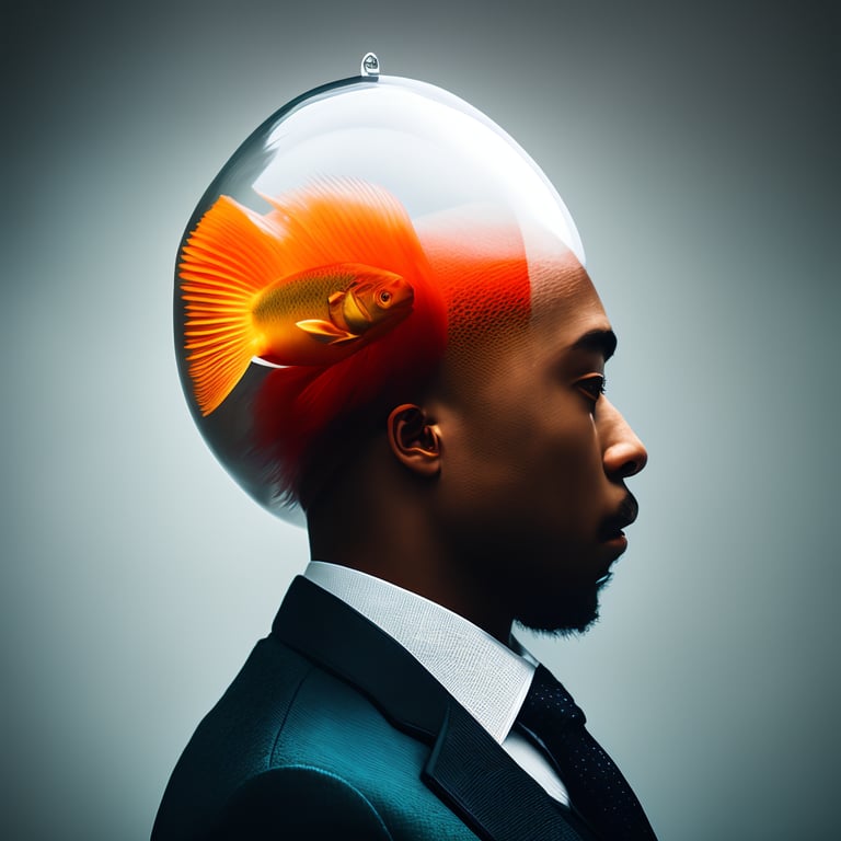 stillewillem fish bowl head containing a fish, headshot portrait of a