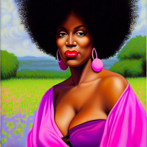 delledison: beautiful black woman, curly afro, large breasts, large  earrings, full lips, geen and pink accents
