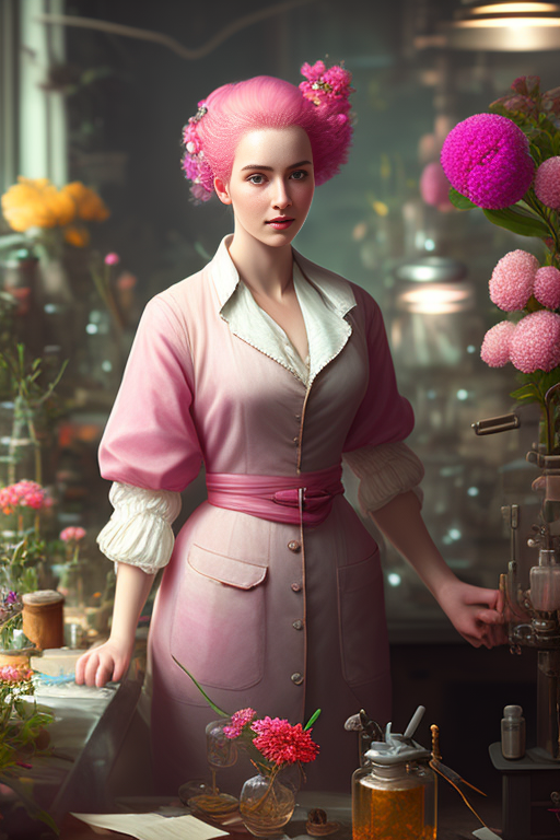 painting of a botanist woman with pink hair in a flower laboratory, 8k, Highly detailed, High quality