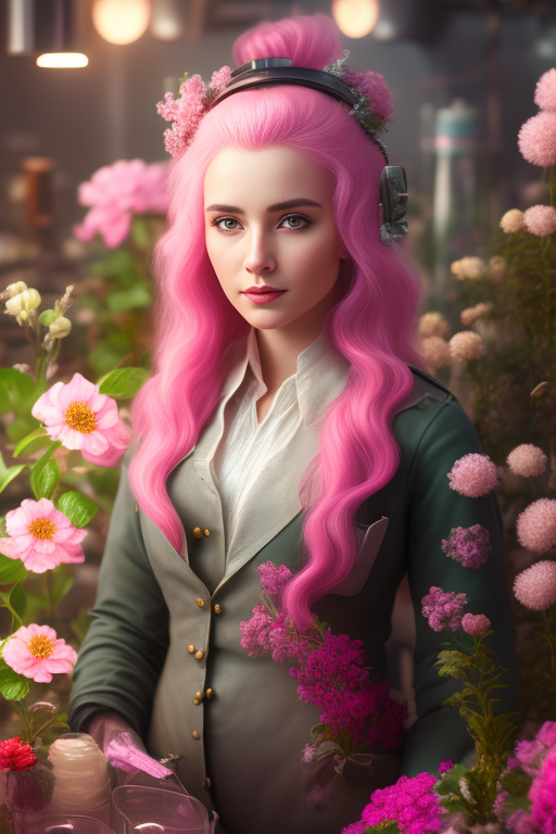 painting of a botanist woman with pink hair in a flower laboratory, 8k, Highly detailed, High quality