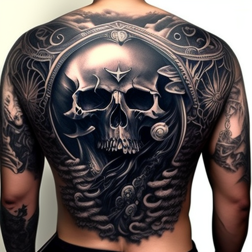 jhsu: back tattoo with design arms coming out of a pile of skulls