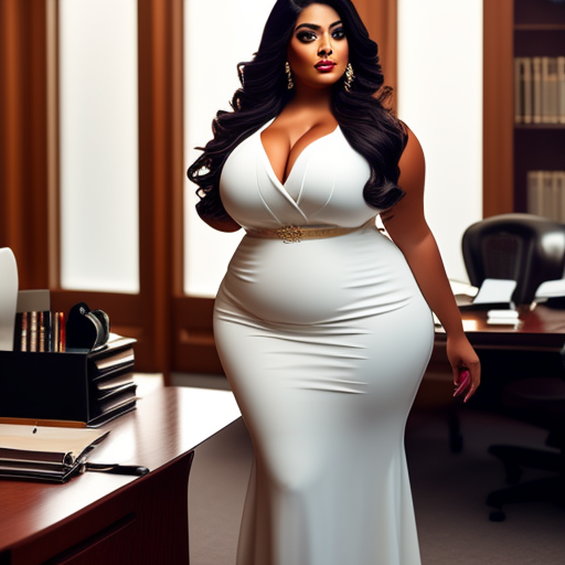 teecruise: Professional Attractive Full Figured Busty Voluptuous Latina Lady  With Long Hair Wearing Elegant Dress Showing Ample Cleavage in Her Office  Settings.