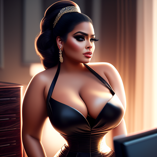 teecruise: Very Humanly Realistic Photo of a Professional Attractive Full  Figured Busty Voluptuous Latina Lady With Long Hair Wearing Elegant Dress  Showing Ample Cleavage in Her Office Settings.