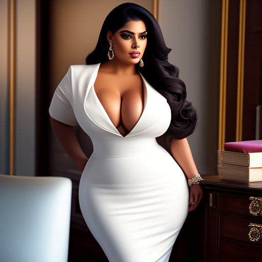 teecruise: Very Humanly Realistic Photo of a Professional Attractive Full  Figured Busty Voluptuous Latina Lady With Long Hair Wearing Elegant Dress  Showing Ample Cleavage in Her Office Settings.