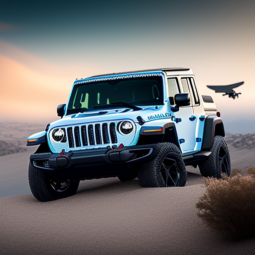 husan: jeep wrangler flying in the air with big white wings in blue sky
