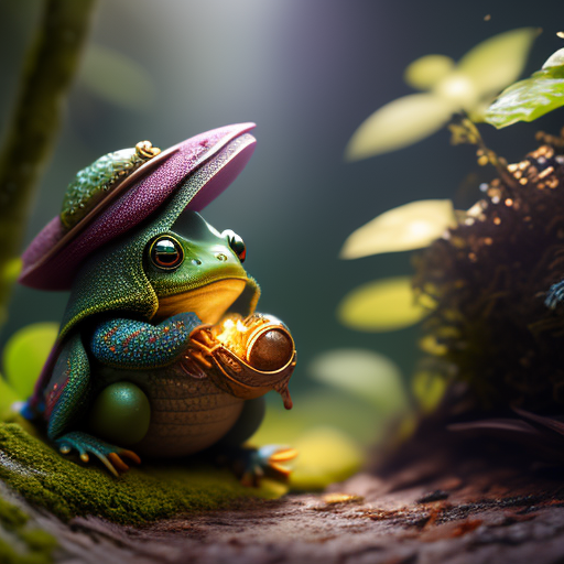 Tiny, Cute, small, tiny frog with a wizard costume in a small forest, Miniature, Diorama, Orthographic view, Cinematic lighting, Gediminas Pranckevičius, Giuseppe Arcimboldo, Goro Fujita, Intricate, Hyper detailed, 4k