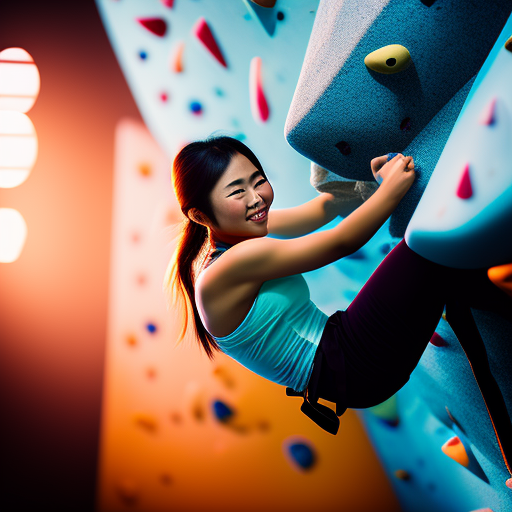 lubojurik: A pretty young Asian female climbing in an indoor bouldering  gym. She looks happy and satisfied.