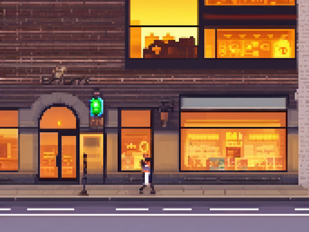 simple, Flat colors, clean png pixel art, game screenshot, (Pixel art), (((Side scroller))), New York City at sunset, 32-bit colors, (((16-bit))), Video game, in-game, decorated street, Pixel, Pixel art, 3d render