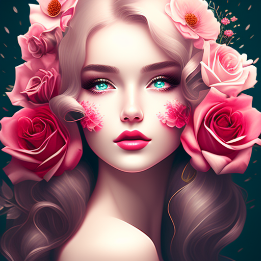Girl, flowers, roses, portrait, graphic illustration, icon-like, logo