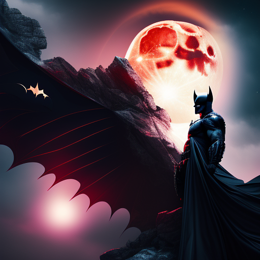 pastel-skunk778: Batman transforming into a giant bat with red eyes ultra  backlit by a full moon in the sky