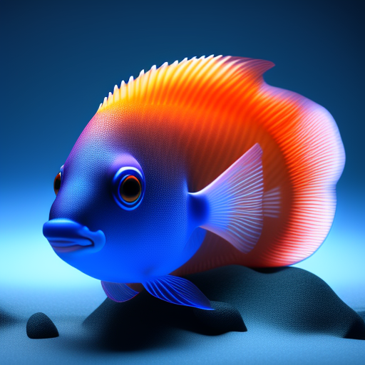 3D render of a cute tropical fish in an aquarium on a dark blue background, digital art