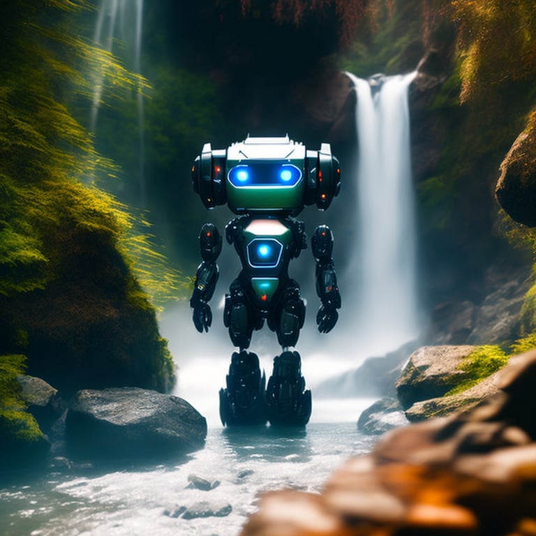 lucidvision A small AI robot standing in a front of a waterfall in a