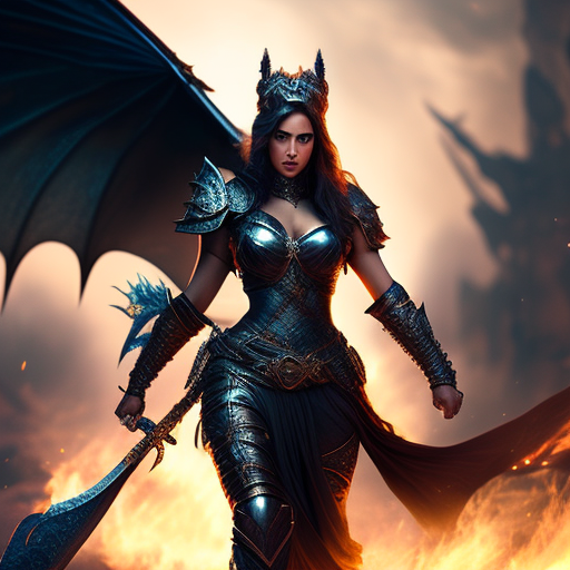 Fantasy female warrior riding a dragon 