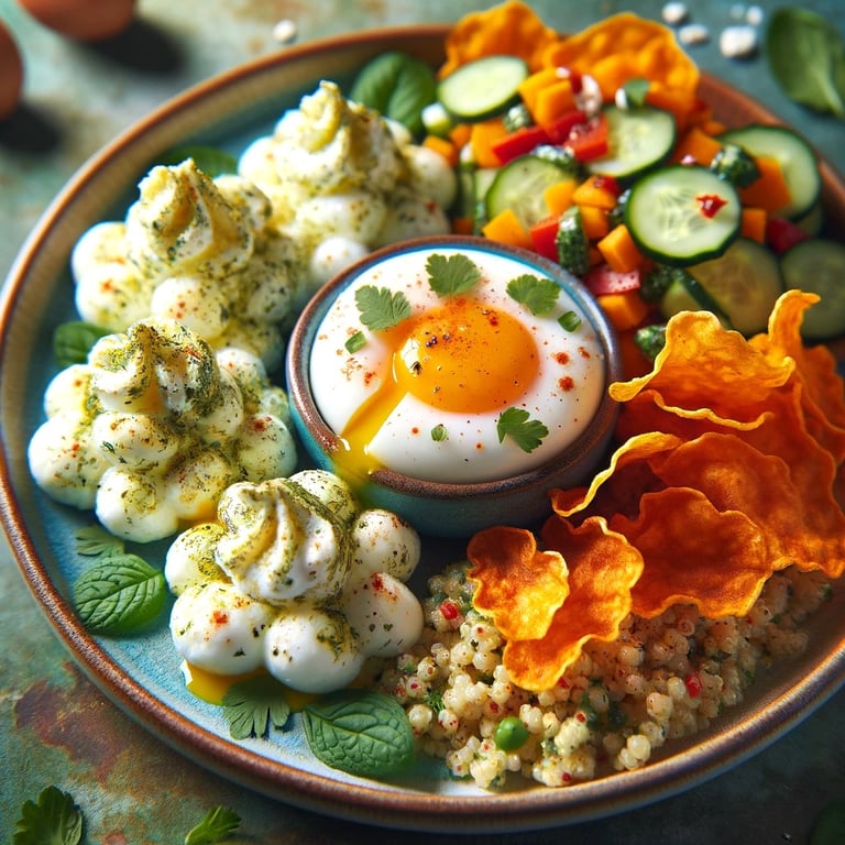 Herbed Egg Clouds with Zesty Quinoa Salad and Sweet Potato Crisps