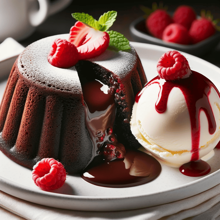 Chocolate Lava Cake with Raspberry Coulis and Vanilla Bean Ice Cream
