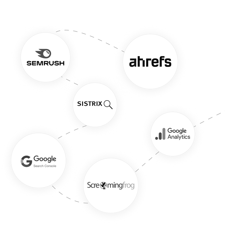 SEO tools: Ahrefs, Semrush, Sistrix, GSC, GA4, Screaming Frog
