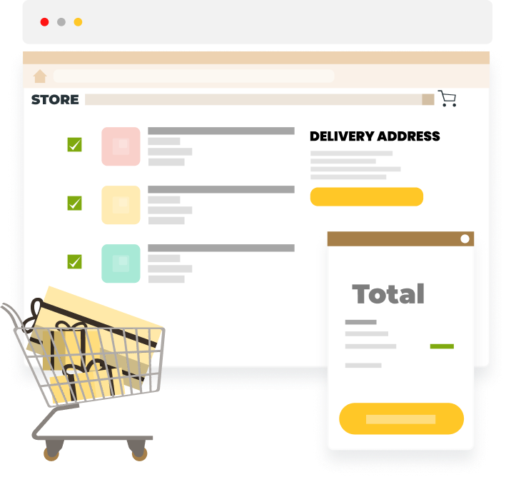 Checkout with delivery address, cart and total