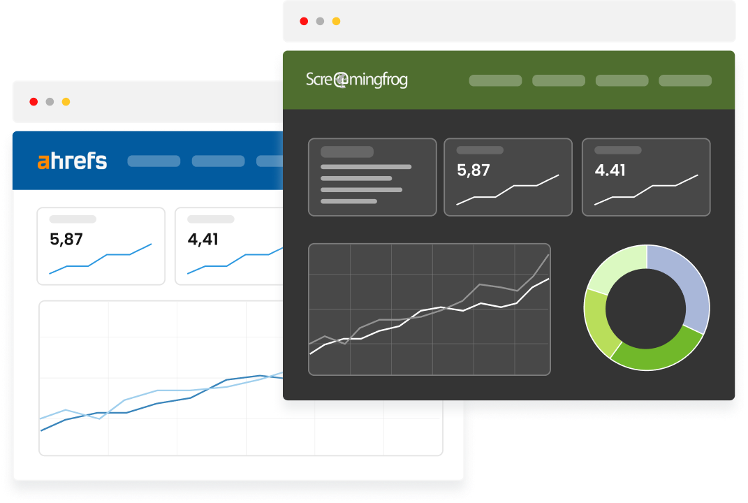 Dashboards de Ahrefs y Screaming Frog para detección de duplicados