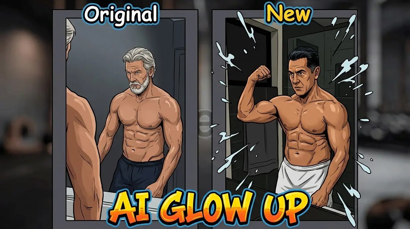 AI Glow Up: Transformación física con IA mostrando antes y después