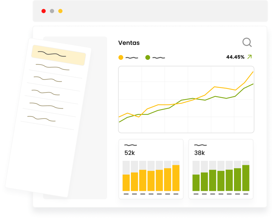 Dashboard de evolución de ventas con crecimiento del 44,45%