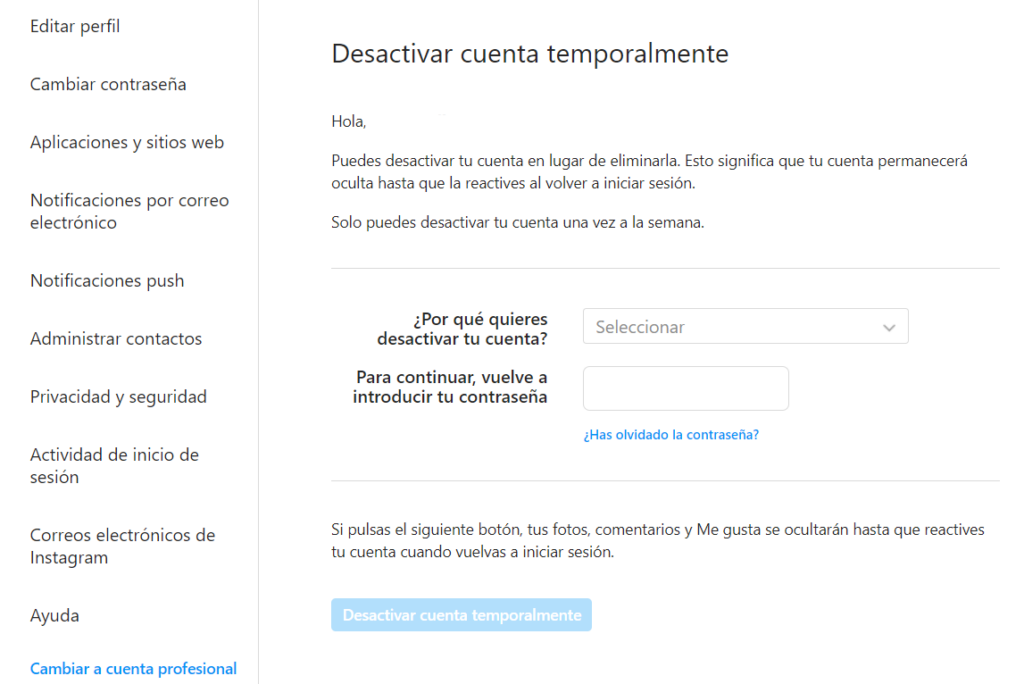 Cómo eliminar cuenta de Instagram temporalmente