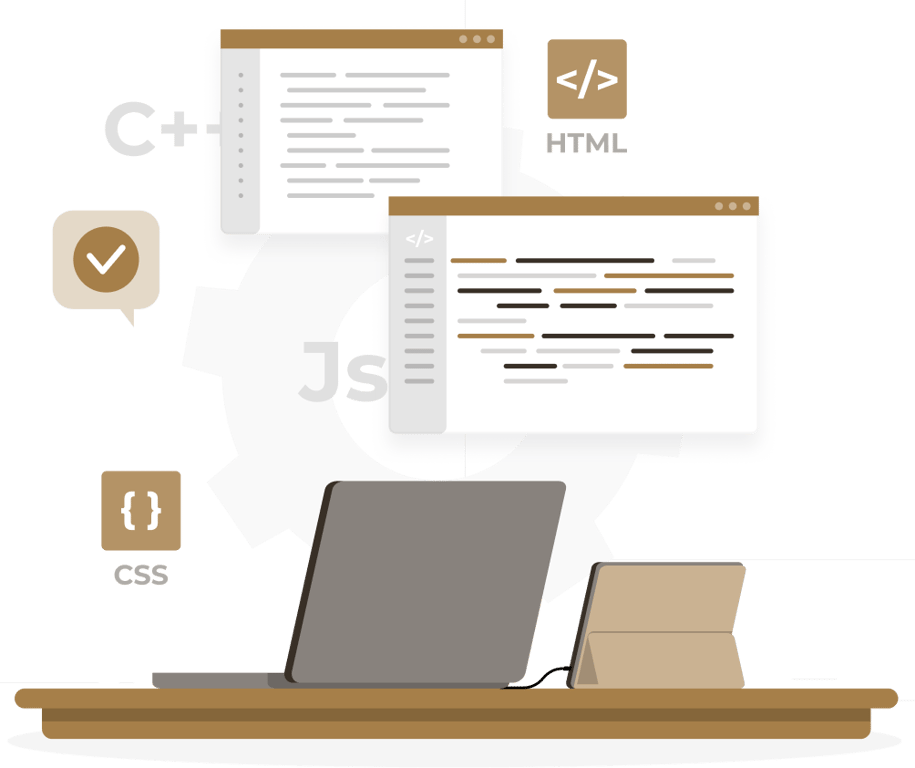 Editor de código con HTML, CSS y JS sobre un portátil