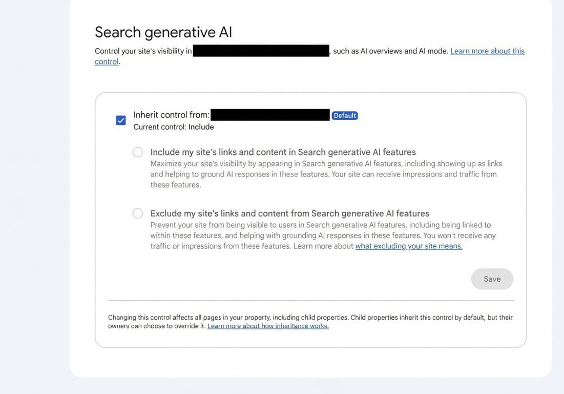 Captura de Google Search Console con el nuevo control para impedir que el contenido del sitio aparezca en AI Overviews y AI Mode.