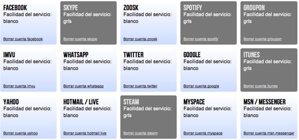 Interfaz de Accountkiller para eliminar cuentas de redes sociales