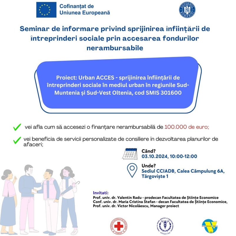 Seminar de informare privind sprijinirea înființării de întreprinderi sociale prin accesarea fondurilor nerambursabile, organizat, mâine, de Camera de Comerț Dâmbovița
