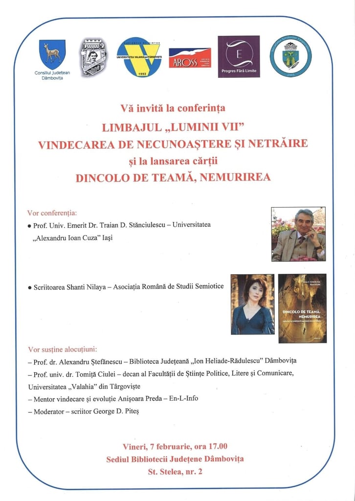 La Biblioteca Județeană Dâmbvița va avea loc conferința LIMBAJUL LUMINII VII – VINDECAREA DE NECUNOAȘTERE ȘI NETRĂIRE!