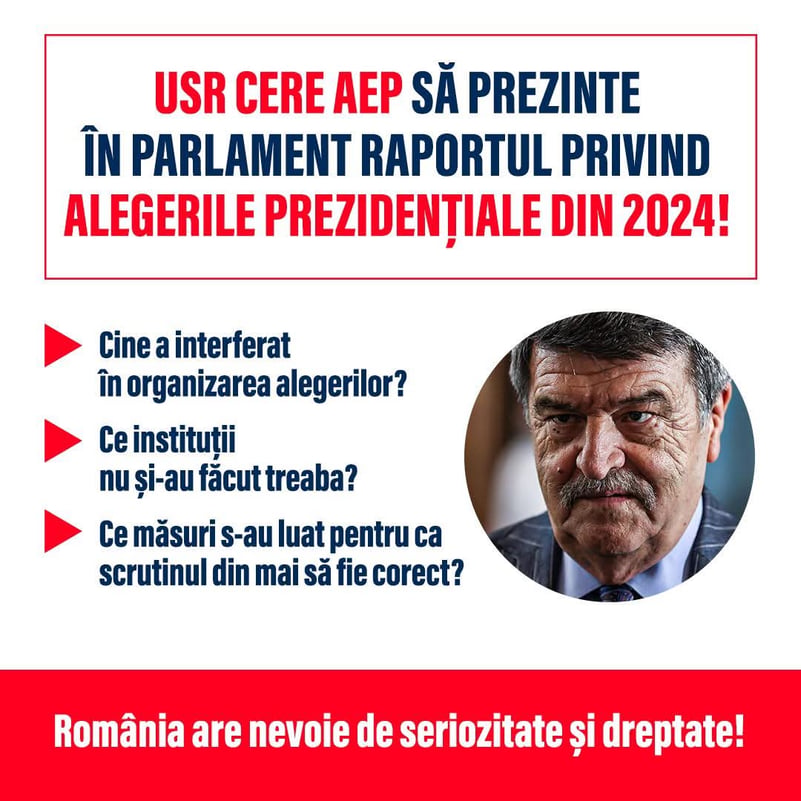 USR cere șefului AEP să prezinte raportul despre alegerile prezidențiale din 2024