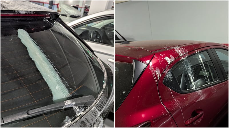 FOTO | Pete albe misterioase, apărute pe mașinile lăsate în Parcarea Decebal din S3. Bucureștean: Sunt aproape imposibil de scos, să deconteze Primăria banii plătiți la service