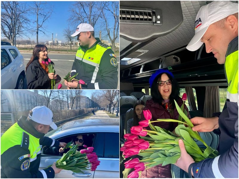 FOTO! 8 Martie. Flori și zâmbete dăruite doamnelor și domnișoarelor participante la trafic, din partea polițiștilor vrânceni
