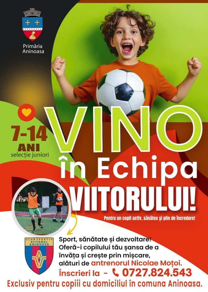 Copiii pasionați de fotbal sunt invitați în echipa Viitorul Aninoasa