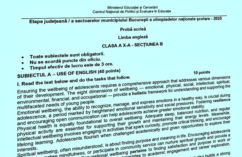 Olimpiada Națională de Limba Engleză – ONLE 2025, etapa județeană. Subiecte și bareme de notare de la proba scrisă, clasele VII-XII, normal și bilingv sau intensiv / Primele rezultate apar în București marți, 11 martie