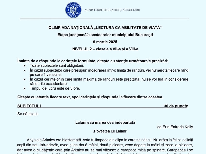 Olimpiada Lectura ca Abilitate de Viață – OLAV 2025, etapa județeană. Descarcă subiectele și baremele pentru nivelurile 1 și 2 de la gimnaziu și liceu